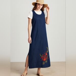 90's Studio Ease Denim Embroidered Floral Jean Dress 10